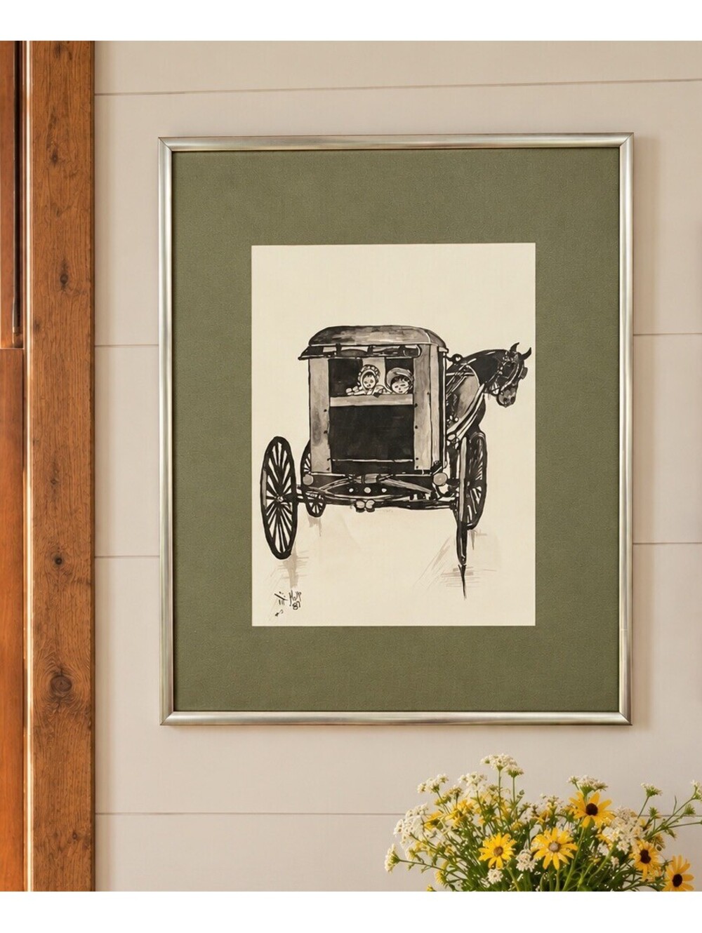 Kulp 1987 Original Ink Watercolor Amish Buggy Painting Signed, 14.5x18.5"